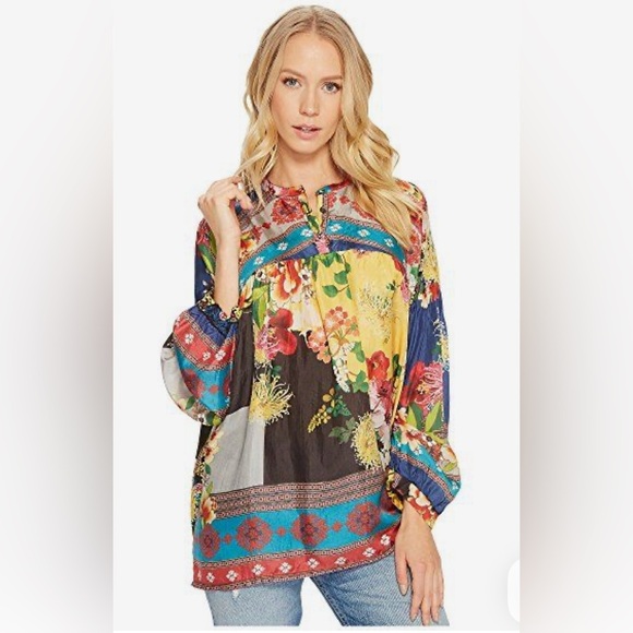Johnny Was Tops - Johnny Was 100% Silk Bright Colorful Floral Print Bohemian Peasant Blouse Top L